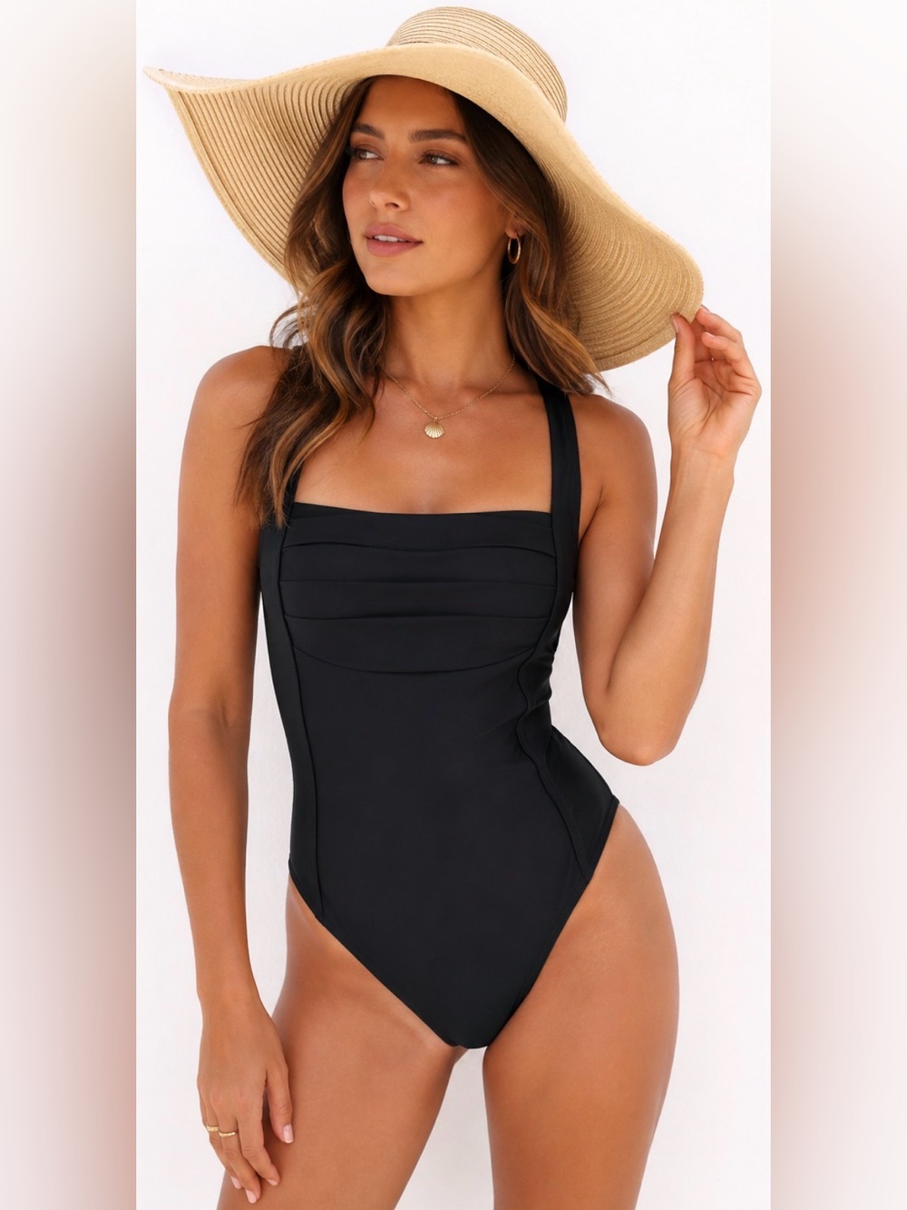 Vintage Y2K Women’s Square Neck Pleated Bodice One Piece Swimsuit in Black Sz S